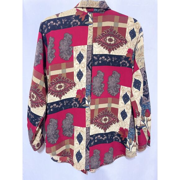 Vintage Red Abstract Silky Button Down Blouse Shirt Small - Picture 8 of 11